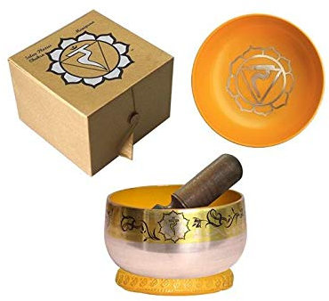 CHAKRA-HARMONIE Silber-Messing KLANGSCHALE 500-600g. Ayurveda UNIVERSAL Klangschale Therapiequalität für das 3. Solarplexus Chakra. Handarbeit aus Nepal mit Kissen & Klöppel. 81848-10