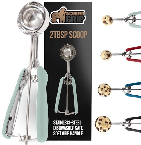 Gorilla Grip Cuchara de resorte multiusos de acero inoxidable sin BPA, 2 cucharadas, para melón, masa de galletas, cucharas de helado, porciones perfectas, fácil de apretar y de liberación limpia,