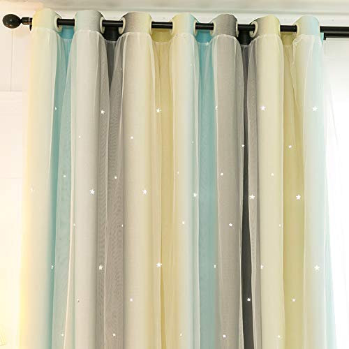 Michorinee Vorhang Mädchenzimmer Farbverlauf Hohle Sterne Verdunkelungsvorhang Blickdicht Gardine Kräuselband Regenbogen Ösenschal Voile Hellblau Grau für Kinderzimmer, 1 Stücke 182 × 117cm (H × B)