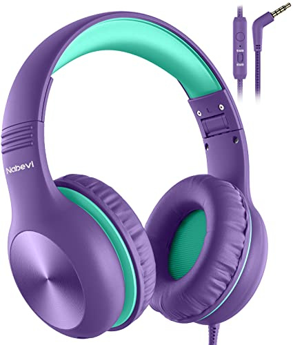 Nabevi Kids Headphones, Childrens Headphones with Microphone, 85/94dB Volume Limit, HD Sound, Sharing Function, Wired Headphone for Kids Boys Girls, Toddler Headphone for School/Travel/Tablet, Purple