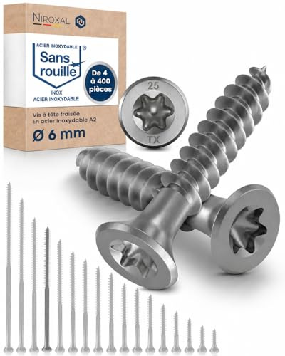 Vis à bois inox A2 V2A H2 Torx TX tête fraisée 90° filetage total 6 mm haute résistance 6x120 mm – 50 pcs vis bois renforcée