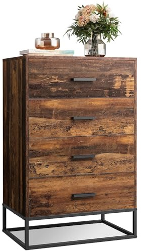 WLIVE Wood Dresser for Bedroom, Wooden Chest of Drawers with 4 Drawers, Bedroom Dresser with Sturdy Metal Frame for Hallway, Living Room, Closet, Brown Oak
