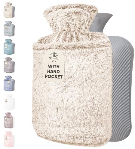 Qomfor Wärmflasche mit weichem Bezug - 2L Wärmeflasche mit Kängurutasche Auslaufsicher - Bettflasche für Erwachsene und Kinder, ideal für Schmerzlinderung - Flauschigem Kuschelbezug (Dunkelbraun)