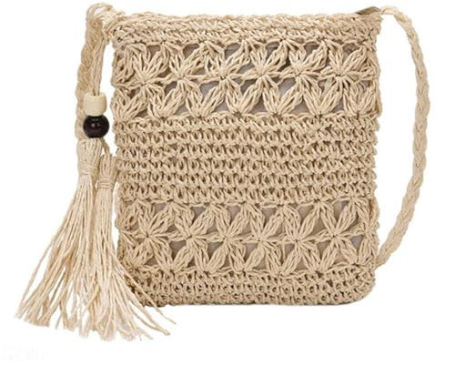 INGJIA Strohtasche Damen Stroh Umhängetasche Vintage Strandtasche mit Quaste Strand Stroh Handtasche Crossbody Tasche für Damenreisen und Urlaub