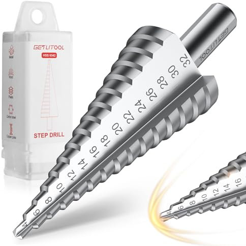 GETLITOOL Step Drill Bit Set 4-32mm, 15 Sizes High-Speed Steel Titanium Coated Spiral Flute Bit, Multi-Purpose Hole Cutter for Metal, Wood, Plastic, DIY & Construction