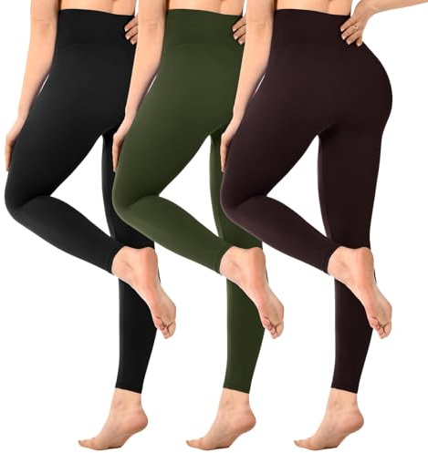 SINOPHANT Pack of 3 Women's High Waist Opaque Black Leggings for Gym Yoga Sports, Black/Army Green/Brown, L-XL