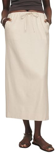 IDEALSANXUN Linen Skirts for Women 2026 Spring Summer Casual Drawstring Lightweight Elastic Waist Midi Long Skirts with Slit, Beige, M