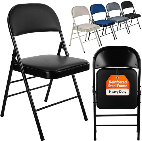 Nyxi Folding Chairs with Padded Paris Faux Leather Seats, Metal Frame, Foldable Chair Home Office Dinning, Multi-Purpose Indoor & Outdoor (Black Leather PVC, 1 X Chair)