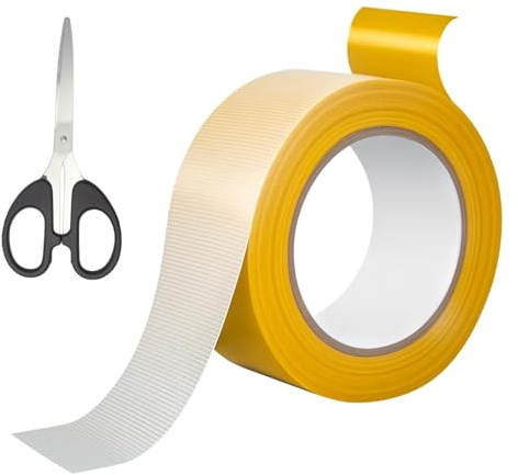 TNSLAND Ruban Adhésif Double Face Extra Fort 50mm x 20m – Bande en Tissu Renforcé Haute Adhérence, Durable et Facile, Idéal pour Tapis, Murs et Bricolage – Inclus Ciseaux Inox
