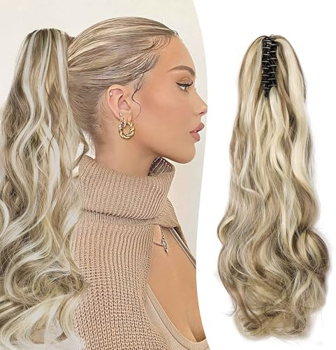 Gairyan Coleta Postiza con Pinza Cola de Caballo Pelo Natural Sintético Rizado 50cm Extensiones de Cabello Ondulado Moño Postizo Ponytail Extension Larga para Mujeres, Rubio ceniza & Rubio