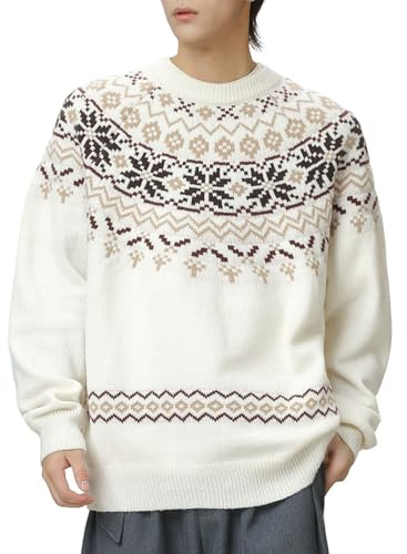 Men's Norwegian jumper with traditional fair isle pattern - classic winter knitted jumper with crew neck, cosy top for the cold season