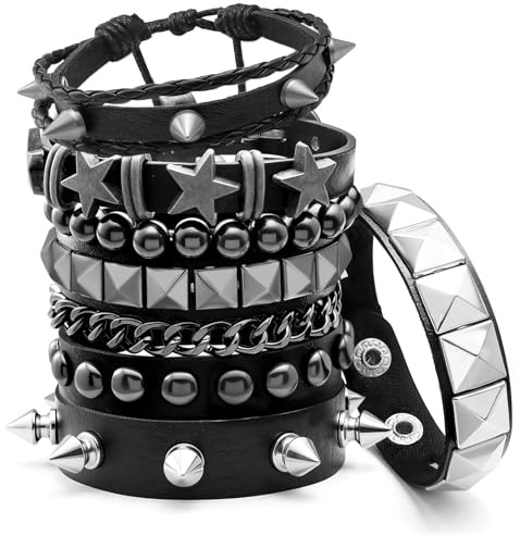 Aswitnove 6 Pcs Punk Rock Spiked Studded Bracelets Set for Women Men 80s Alt Gothic Grunge Emo Bracelets Accessories Retro Beaded Star Y2K Cuff Bracelet PU Snap Button Wristband for Rocker Outfits LS