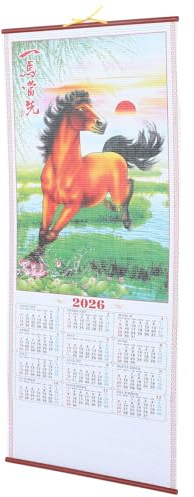 FAVOMOTO 2026 Year of the Horse Wall Calendar, Faux Rattan Chinese New Year Wall Calendar Hanging Scroll for Traditional 2026 Lunar Restaurant Supermarket Decor