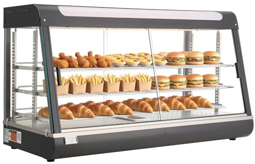 VEVOR Vetrina Calda per Alimenti Cibo a 3 Livelli, Espositore Scaldavivande da 1600 W con Luce LED, Vano Portaoggetti Superiore e Ripiani Regolabili, per Hamburger, Pizza, Pane, Pollo Fritto