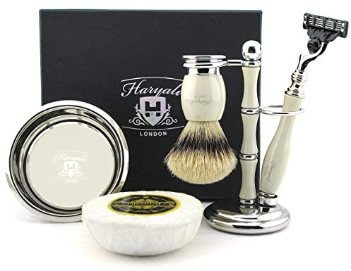 Reines Silber Spitze Dachs Haarbürste in Elfenbeinweiß Farbe Set Enthält Passend 3 Rasierer, Schwarz Bürste & Rasierer Halter, Lebensretter Schüssel & Frei Seife. Sonderedition