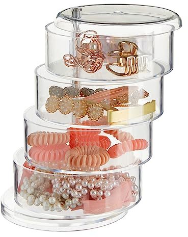 Juvale Hair Accessories Organizer - Clear, 4.5 x 4.5 x 7 in, 4-Tier - Stackable Product Organizer & Hair Tie Holder - Bow & Headband Storage & Clip Holder for Vanity & Countertop