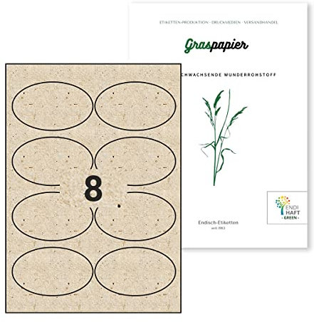 Selbstklebende Etiketten aus Graspapier oval 96x57,5mm, Grasetiketten bestechen durch ihre natürliche Optik und Haptik. 10 Blatt mit 80 Grasetiketten auf A4 Bögen Naturetiketten G09657-10