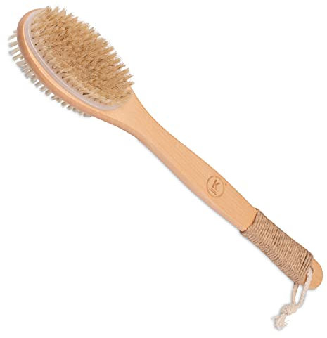 K-Pro Rückenbürste mit Langem Stiel – Doppelseitige Körperbürste aus Naturborsten & Kirschholz, Peelingbürste mit harten & weichen Borsten für Dusche, Bad und Rückenpflege für Damen & Herren.