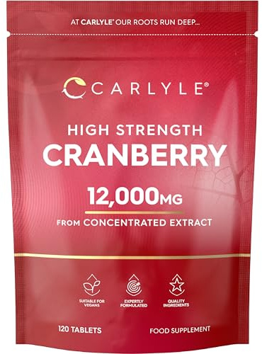 Cranberry Tablets for Women & Men 12,000mg | 120 High Strength Vegan Supplements | 2 Months Supply | 50:1 Cranberry Concentrate Extract | Carlyle