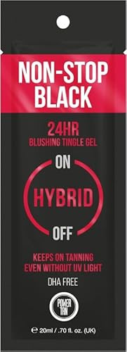 Power Tan Non-Stop Black Tingle Gelee – DHA Free Sunbed Tanning Accelerator with Algotan-P, Tinted Gel for Dark Tan, Warm Glow, Peach Scented, UV Hybrid Tanning Cream – 20ml