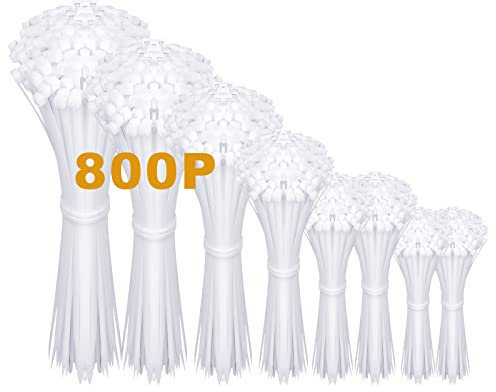 Zip Ties Assorted Sizes 800 Pack 4+6+8+10+12 Inch Cable Ties 40lbs Tensile Strength White Cable Zip Tie Heavy Duty Plastic Tie Wraps Assortment Cord Management for Home,Workshop,Office,Gardening