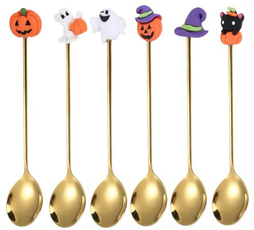 UPKOCH 6 Pcs Halloween Stainless Steel Dessert Spoons - Pumpkin, Witch Hat, Golden Coffee, Cream, Tea, Mixing Spoons for Home Party