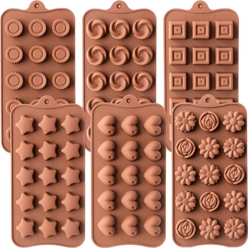 6 Pack Chocolate Molds Candy Molds Silicone, Food-Grade Non-Stick Jelly Mold, Crayon Mold, Silicone Baking Mold BPA-Free, including Flower, Heart, Star, Round, Square, and Swirl