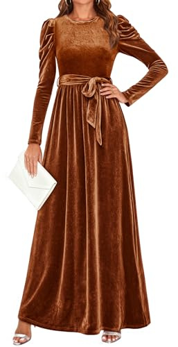 ZESICA Women's Velvet Maxi Dress Fall 2025 Long Puff Sleeve Crew Neck Elastic High Waist Cocktail Party Bridesmaid Dresses,Caramel,Small