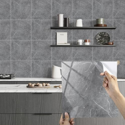 Alened Tile Stickers Marble 10pcs/30x30cm Waterproof Self Adhesive Grey Peel and Stick on Wall Tiles for Kitchen Bathroom Home Decor