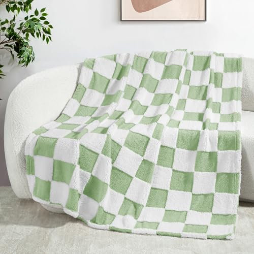 Exclusivo Mezcla Checkered Throw Blanket, Super Soft and Warm Fluffy Fleece Blanket for Couch, Sofa, Bed, Cute Plaid Pattern, Sage Green, 127x152 CM