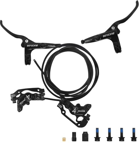 BUCKLOS MTB 4 Pistons Hydraulic Disc Brake Set, Mountain Bike Left Front 850 mm Right Rear 1630 mm Bicycle Disk Break Aluminum Alloy Caliper Lever for Ebike/Folding Bicycle/Fat Bike HD-M735(Pre-Bled)