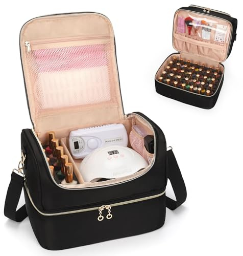 Nail Polish Organiser, Nail Varnish Storage Box Holds 45 Bottles Nail Polish & Nail Lamp, Nail Tech Travel Case, Nail Kit Carrying Bag for Nail Stuff & Manicure Tools (Black, 45 Slots)