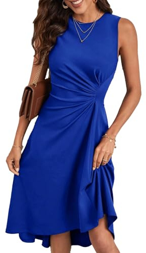 HUXRAKV Robe Femme Chic et Elegant Midi Robe de Cocktail sans Manches à Plis de Taille Robe de Soirée Fête,27-Bleu,S