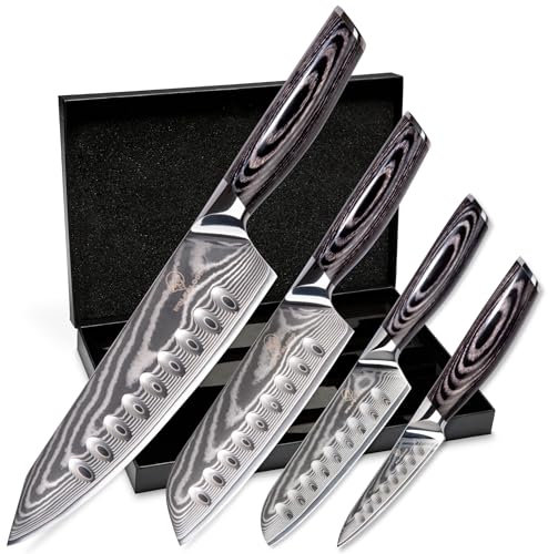 Wolfblood PRO 4er Damastmesser Set XL (33, 31cm 23cm & 19cm) Profi Damast Küchenmesser Set aus echtem 67 Lagen Damaststahl I Chefmesser & Santokumesser mit Holzgriff Geschenkbox & Klingenschutz