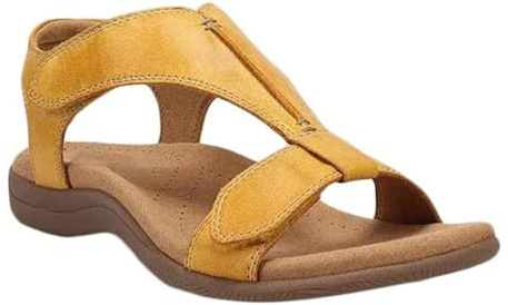 Minetom Femmes PU Sandales De Plage Été Bout Ouvert Solide Faux Cuir Orthopédique Chaussures Plates Décontractée Rome Dames Gladiateur A Jaune 41 EU