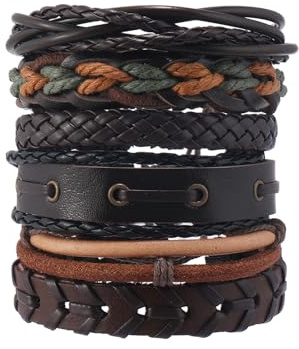 GAUEIOUR 6 Pcs Leather Bracelet, Retro Punk Jewelry Set for Men and Women, Adjustable Fashionable Leather Woven Rope Bracelet, Gifts for Family, Friends, and Colleagues