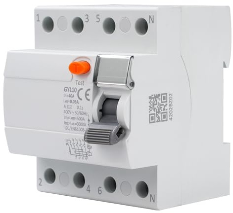 Jadeshay Fi Schutzschalter 40A 30mA 4 Polig RCCB Fehlerstromschutzschalter Typ A Leitungsschutzschalter Mit Fehlerstromschutz Sicherungsautomat Schalter Fi Schalter AC400V (GYL10-4P-40A-0.03A)