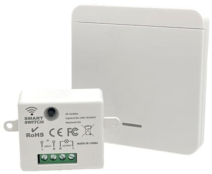 Funkschalter Set 230V, 433Mhz Funk Lichtschalter mit Sender- und Empfänger (10A/1500W), 50-200m Reichweite Kabelloser Schalter Aufputz für LED & Lampen, Keine Verkabelung (Batterie Nicht Enthalten)