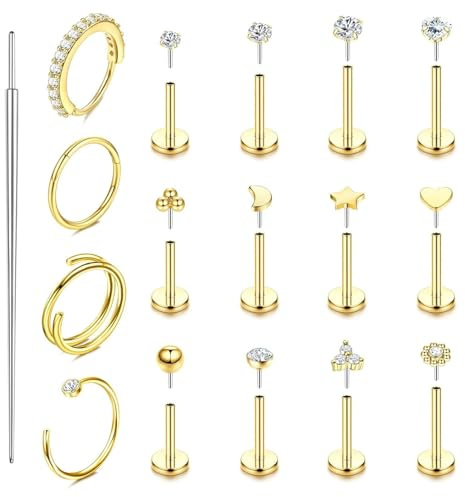 JSTHHTT 17 Pcs Pendientes Mujer Piercing Oreja Pendientes Dorados Piercing Helix Tragus Cartílago Múltiples Piercing en Espiral para Nariz Pendiente Mujer Pequeños, 6/7/8 mm, Oro