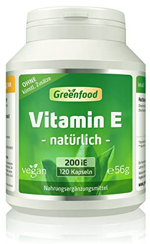 Vitamin E, hochdosiert, 200iE - 120 Kapseln, vegan. Natürliches Tocopherol – schützt die Zellen vor oxidativem Stress. OHNE künstliche Zusätze - laborgeprüft. Von Greenfood.