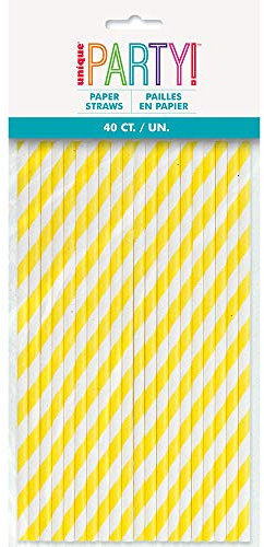 Unique Party Lot de 40 pailles en papier à rayures jaune fluo, 63706, Pack of 40