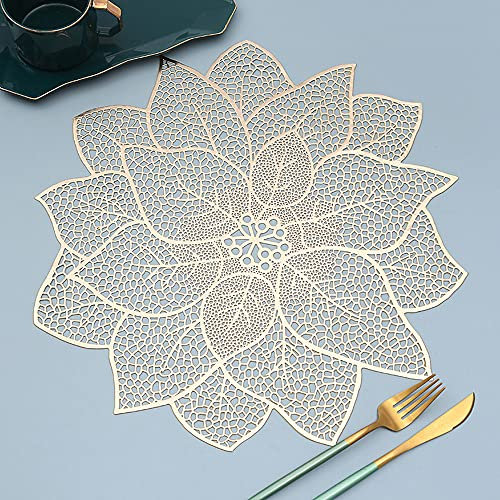 Hosoncovy Lot de 4 sets de table en PVC imperméable et résistant à l'huile - pour table de maison, fête, mariage - Motif lotus (doré)