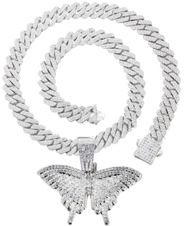 HALUKAKAH Collana con Pendente Placcato in Platino per Uomo - Oltre 1000 Diamanti - Catena a Maglie Cubane - Pendente Farfalla 3D con Diamanti Cluster - Stile Hip-Hop - Completo di Scatola Regalo