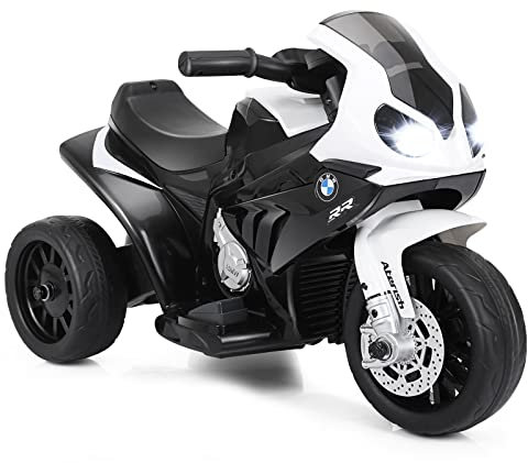 COSTWAY 6V BMW Elektro Motorrad mit Musik und Scheinwerfer, Dreirad Kindermotorrad bis 3km/h, Elektromotorrad mit 2 Stützrädern, geeignet für Kinder von 18-36 Monaten (Weiß)