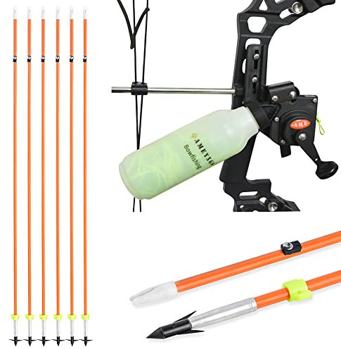 Bogenschießen Bogen Angelrolle Spincast Rolle Spinnrolle Bowfishing Reel Rollen mit 40m Angelseil 6pcs Fiberglas Angeln Pfeile Bowfishing Pfeile für Compound Recurve Bogen (Orange)