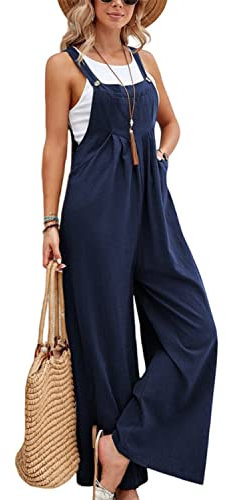 Womens Loose Dungarees Summer Casual Baggy Sleeveless Strappy Overalls Wide Leg Jumpsuit Playsuit Trousers with Pocket