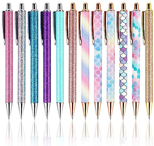 Kulspetspenna 12 stycken glitter, infällbar metall, glitter klick-kulspetspenna för skola och kontor, 1,0 mm, svart bläck