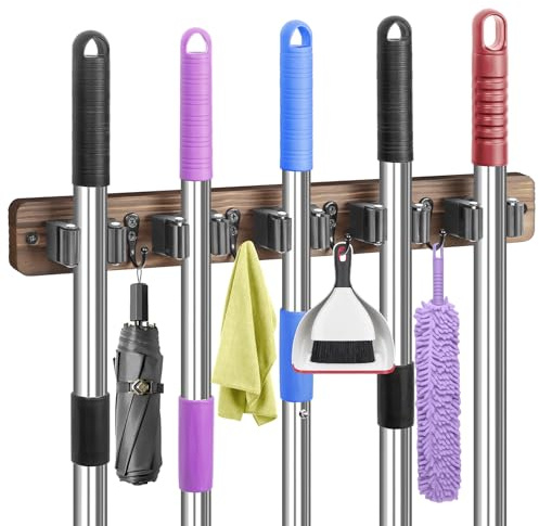 IMILLET Broom Holder Wall Mount, Rustic Wood Broom Hanger with 5 Racks and 4 Hooks, Laundry Room Organization and Storage, Mop Holder for Home Decor, Garden, Garage, Kitchen, Closet