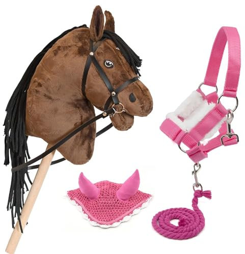 Hobby Horse Marron avec bridon + Licol moumoute + Longe + Bonnet Rose. Cheval bâton avec Accessoires Rose