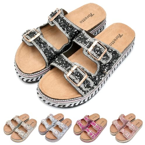 Torotto Damen Pantoletten Modische Sandalen Metallic Hausschuhe mit verstellbaren Riemen Verdickter Boden 4CM(schwarz，39 EU)